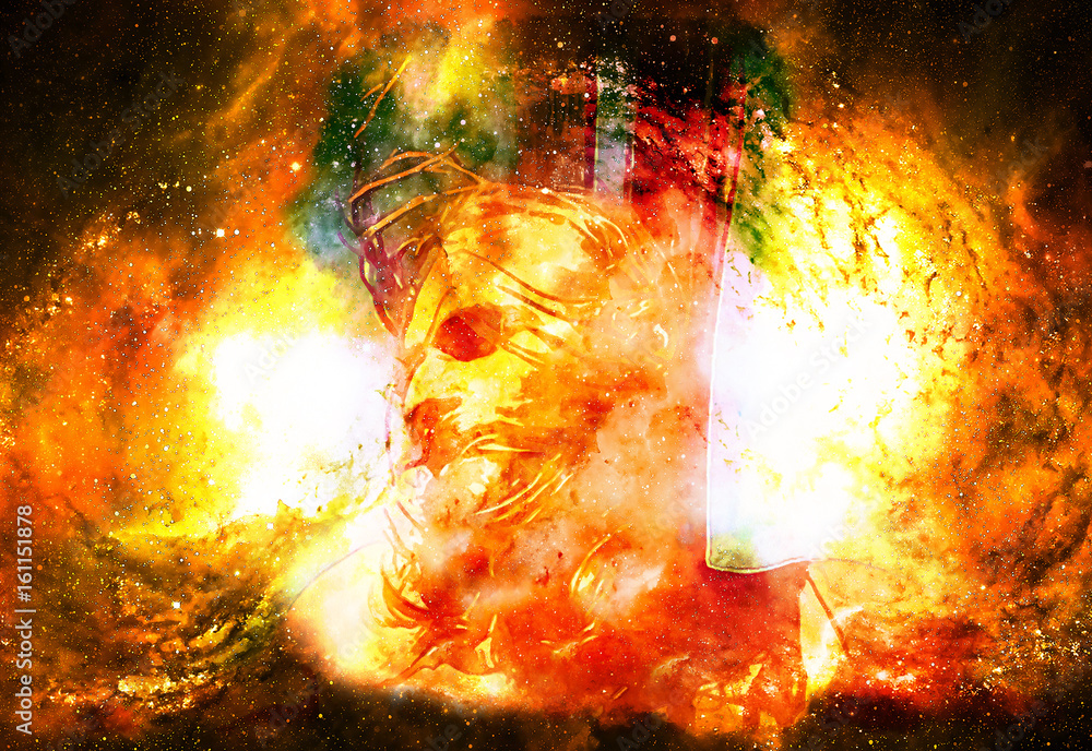 interpretation of Jesus on the cross in cosmic space. Fire effect. interpretation of Jesus on the cross in cosmic space. Fire effect.