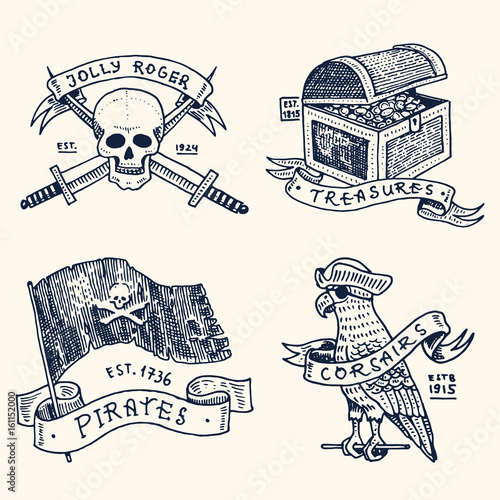 set of engraved, hand drawn, old, labels or badges for corsairs, skull at anchor, treasures, flag , Caribbean parrot. Jolly roger. Pirates marine and nautical or sea, ocean emblem.