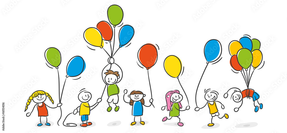 Strichfiguren Kinder Luftballons Party Stock Vector | Adobe Stock