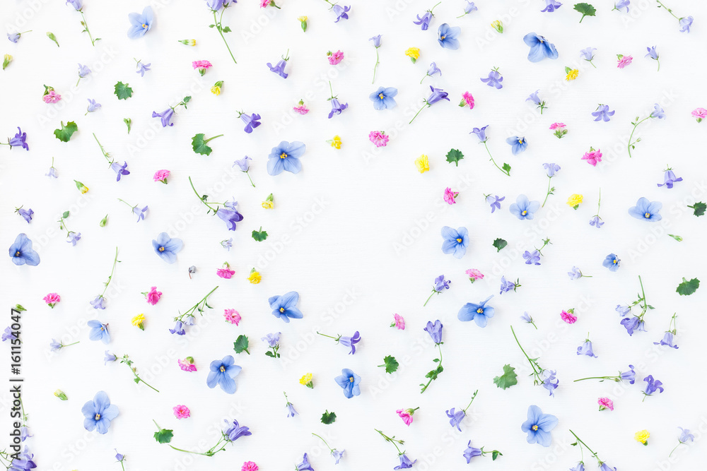 Flowers composition. Frame made of different little flowers on white background. Flat lay, top view