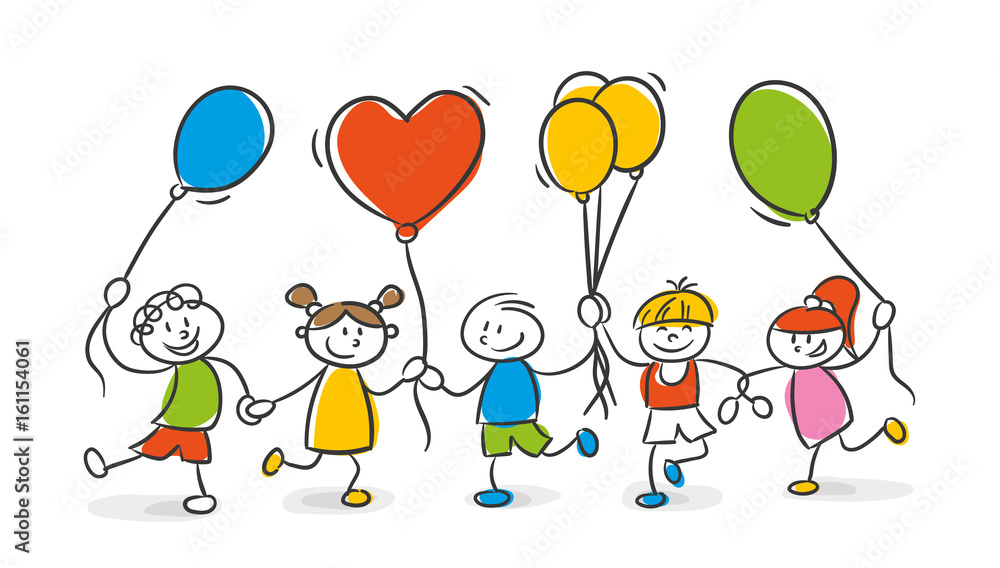 Strichfiguren Kinder Luftballons Stock-Vektorgrafik | Adobe Stock