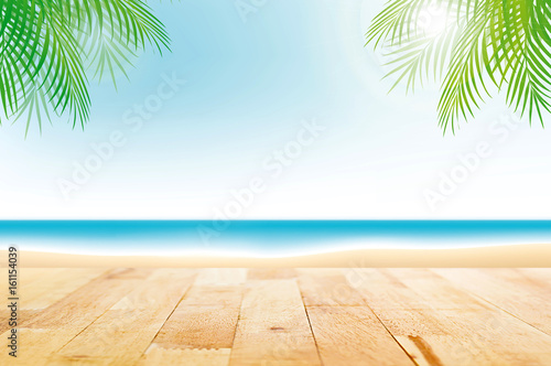 Wood table top on summer beach background