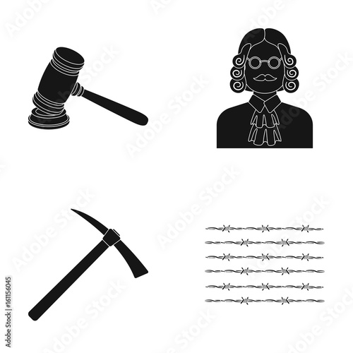 Judge, wooden hammer, barbed wire, pickaxe. Prison set collection icons in black style vector symbol stock illustration web.