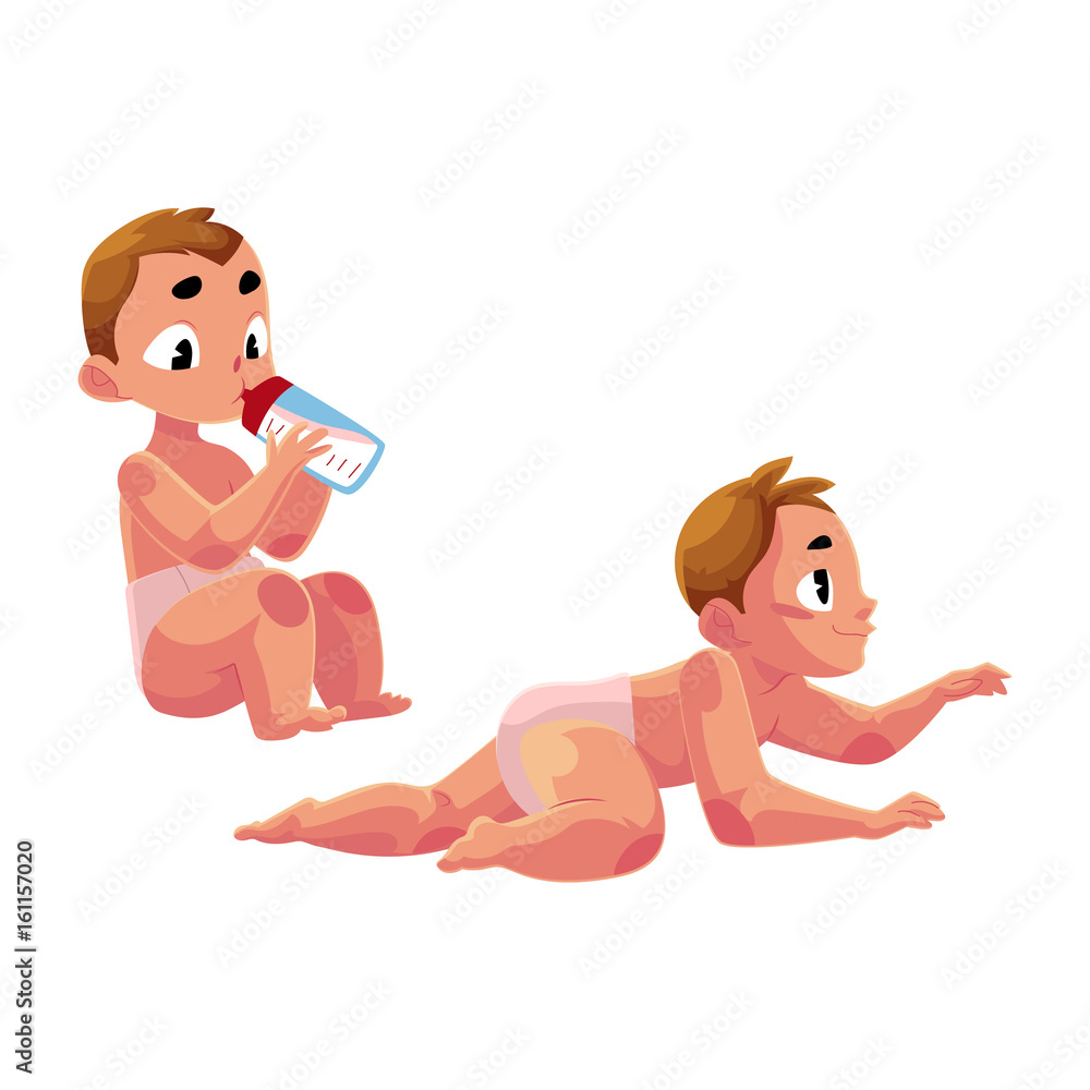 Cute little baby kid, infant, child in diaper crawling and drinking milk,  cartoon vector illustration isolated on white background. Little kid, baby,  infant daily activities - eating, exploring Stock Vector | Adobe Stock
