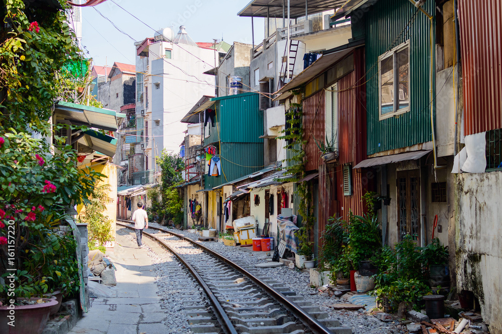 Railroad tracks on a street in the center of Hanoi