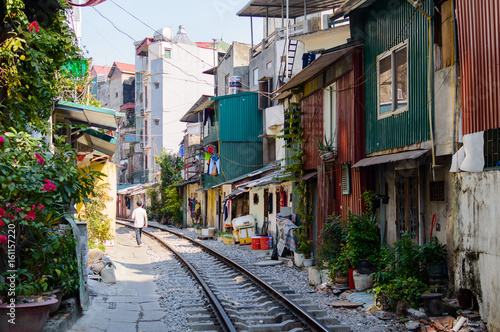 Railroad tracks on a street in the center of Hanoi © rostovdriver