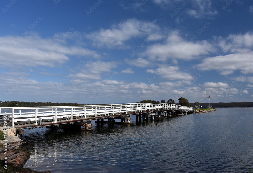 Bridge across Wallaga Lake. The famous and spiritual area of Wallaga Lake, the largest lake in southern NSW, near Bermagui in New South Wales, Australia.