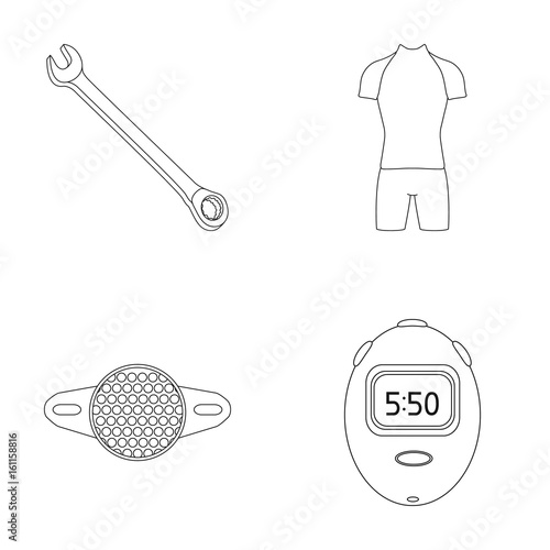 A wrench, a bicyclist's bone, a reflector, a timer.Cyclist outfit set collection icons in outline style vector symbol stock illustration web. photo