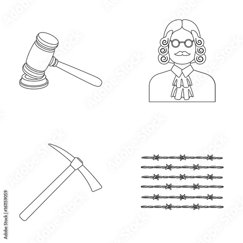 Judge, wooden hammer, barbed wire, pickaxe. Prison set collection icons in outline style vector symbol stock illustration web.