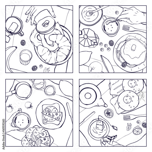 Set of different breakfast, top view. Square illustrations with luncheon. Healthy, fresh brunch drink, pancakes, sandwiches, eggs, croissants and fruits. Black and white hand drawn vector collection.