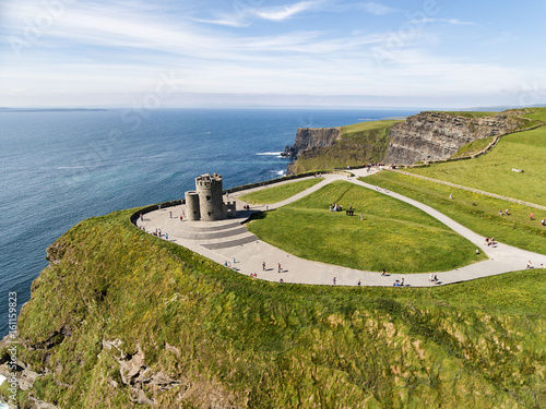 Photography World famous birds eye aerial drone view of the Cliffs of Moher in County Clare, Ireland