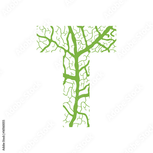 Nature alphabet, ecology decorative font. Capital letter T filled with leaf veins pattern green background. Leaves texture hand draw nature alphabet. Vector illustration.