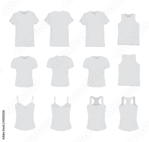 Set of different realistic white t-shirt for man and woman. Front and back view. Shirt sleeveless, short-sleeve, singlet, tank top. Vector illustration collection.