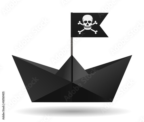 Black paper boat with a pirate flag. White background. Isolated object. Vector Image.
