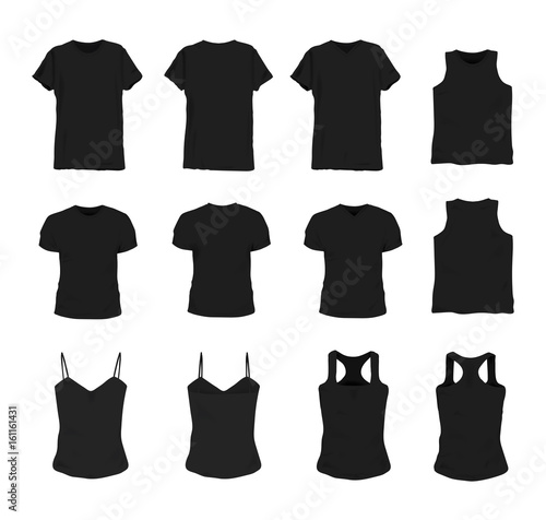 Set of different realistic black t-shirt for man and woman. Front and back view. Shirt sleeveless, short-sleeve, singlet, tank top. Vector illustration collection.