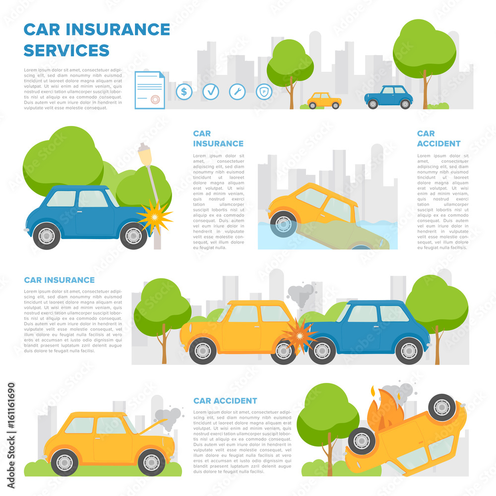 Concept of car insurance against various incidents. Page template with place for text and different car accidents. Colorful vector, cartoon style.