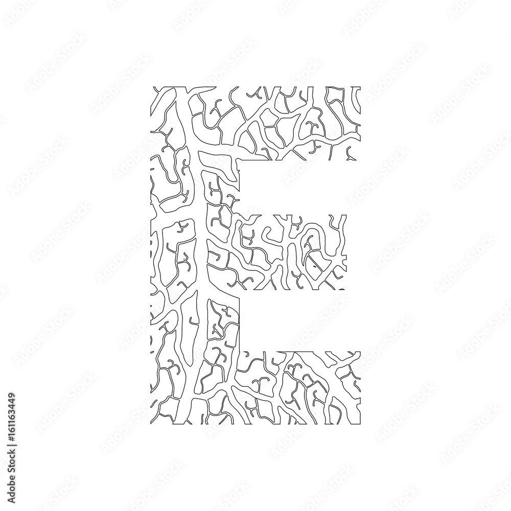 Nature alphabet, ecology decorative font. Capital letter E filled with leaf  veins pattern black on white outline background. Leaves texture hand draw  nature alphabet. Vector illustration. Stock Vector | Adobe Stock