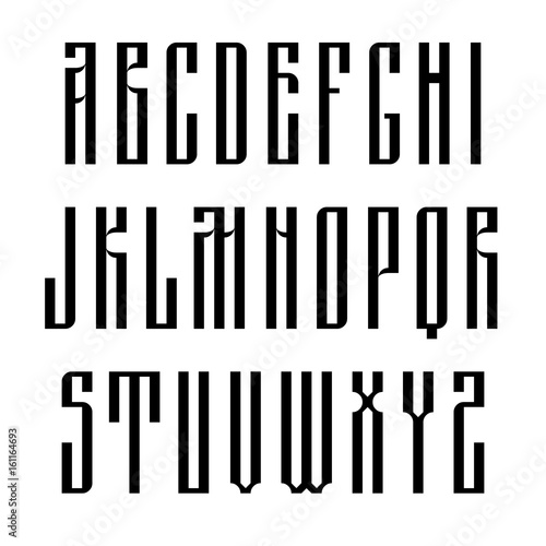Narrow sans serif font based on old slavic calligraphy. Latin uppercases isolated on white background. Vector
