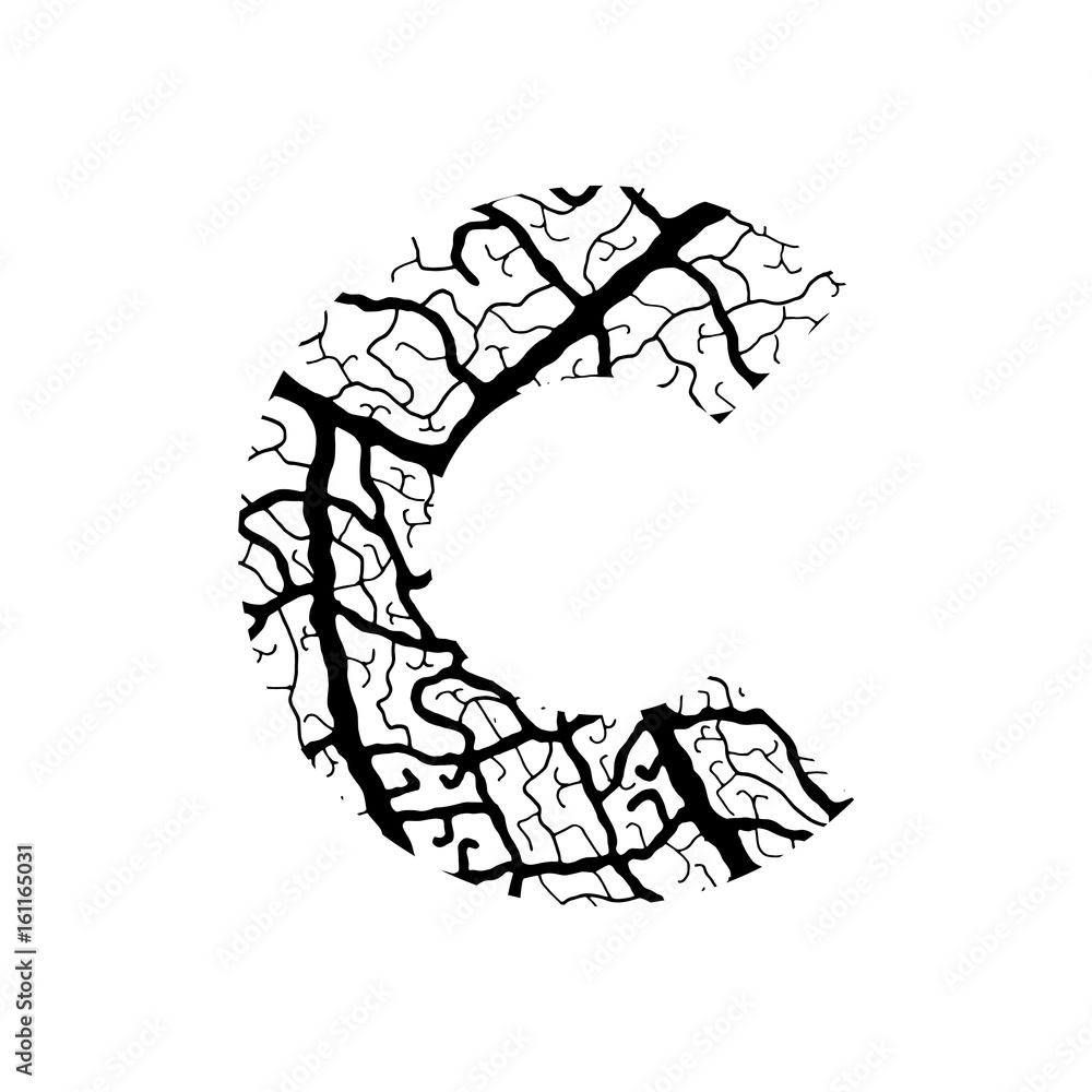 Nature alphabet, ecology decorative font. Capital letter C filled with