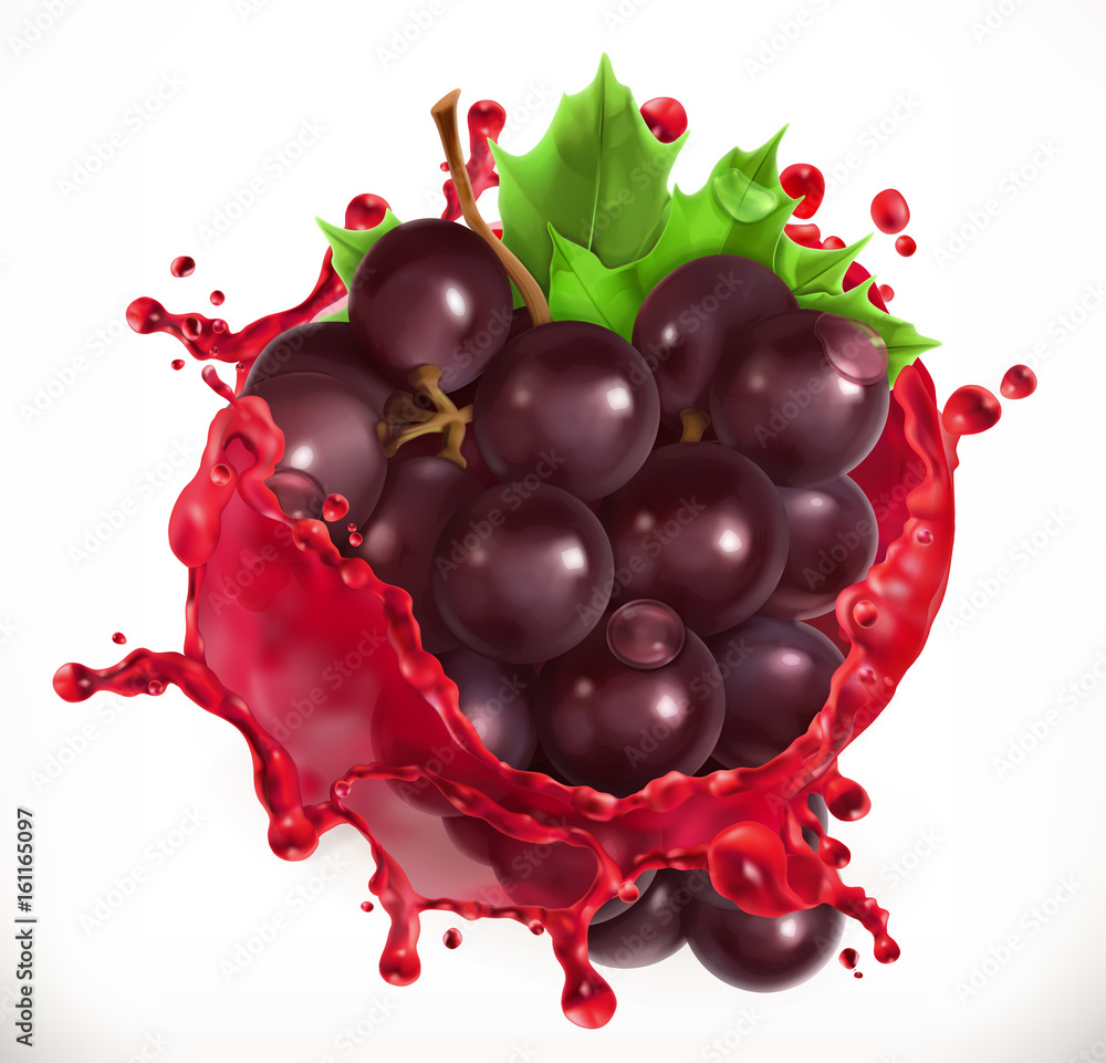 Naklejka Czerwone wino i winogrona. Świeża owoc, 3d wektoru ikona