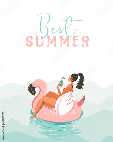 Hand drawn vector abstract fun summer time illustration card with girl swimming on pink flamingo float circle in blue ocean waves with modern calligraphy Best Summer isolated on white background