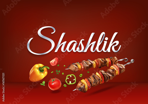 Roasted on fire Shashlik food. Realistic vector illustration of traditional cooking of steaks, barbecue, kebab and BBQ. Grilled meat and vegetables for parties.