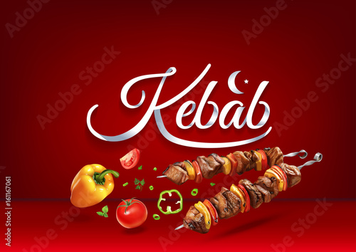 Roasted on fire Kebab food. Realistic vector illustration of traditional cooking of steaks, barbecue, BBQ and shashlik. Grilled meat and vegetables for parties.