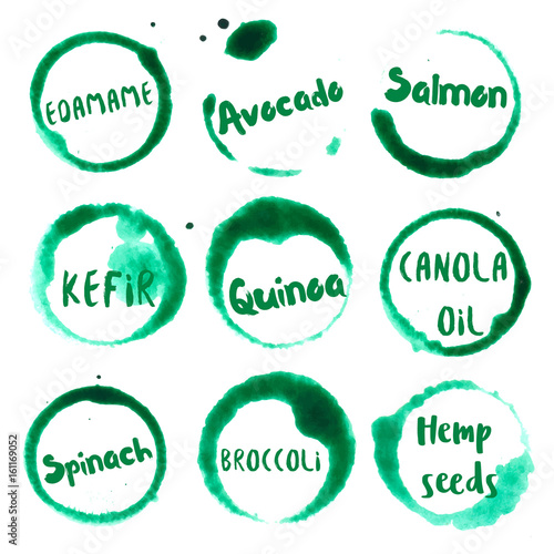 Superfoods collection of round watercolor stains with kefir, hemp seeds, spinach, edamame, avocado, quinoa, canola oil, salmon, broccoli text. Set of vector Superfoods stamps.