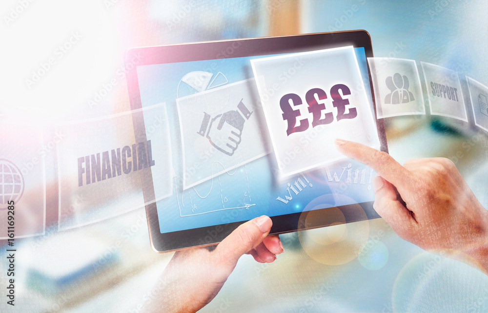 A businesswoman selecting a Pound business concept on a futuristic portable computer screen. A businesswoman selecting a Pound business concept on a futuristic portable computer screen.