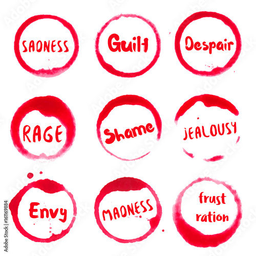Negative feelings collection of round watercolor stains with grief, greed, fear, depression, hate, upset, anger, doubt, revenge text. Set of vector Negative feelings stamps.