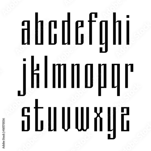 Narrow sans serif font based on old slavic calligraphy. Latin lowercases isolated on white background. Vector