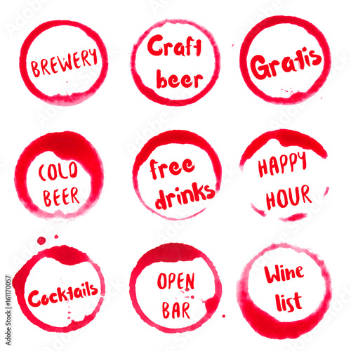 Bar words collection of round watercolor stains with brewery, craft, beer, cold, free drinks, happy hour, cocktails, open bar, wine list text. Set of vector Bar words stamps.