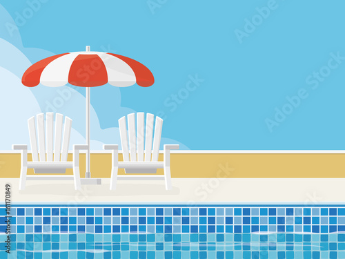 Summer background with deckchairs and parasol at swimming pool. Flat design.