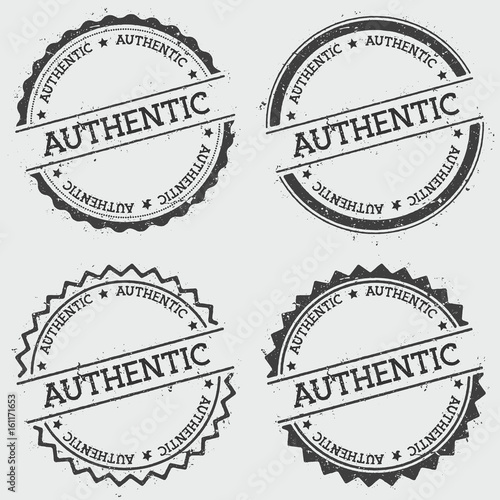 Authentic insignia stamp isolated on white background. Grunge round hipster seal with text, ink texture and splatter and blots, vector illustration.
