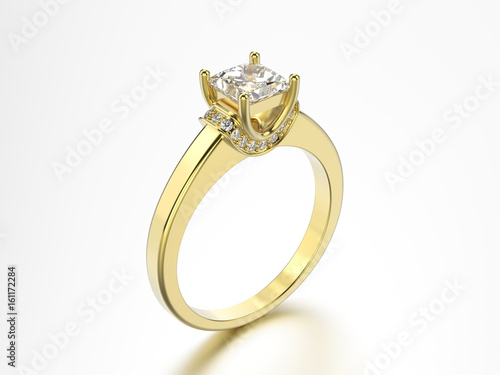 3D illustration yellow gold ring with diamonds on a grey background