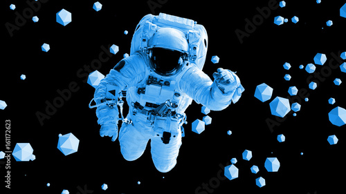 astronaut flying between geometric objects in front of a black background
