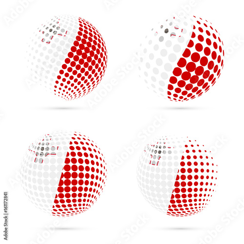 Malta halftone flag set patriotic vector design. 3D halftone sphere in Malta national flag colors isolated on white background.