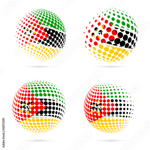 Mozambique halftone flag set patriotic vector design. 3D halftone sphere in Mozambique national flag colors isolated on white background. © Begin Again