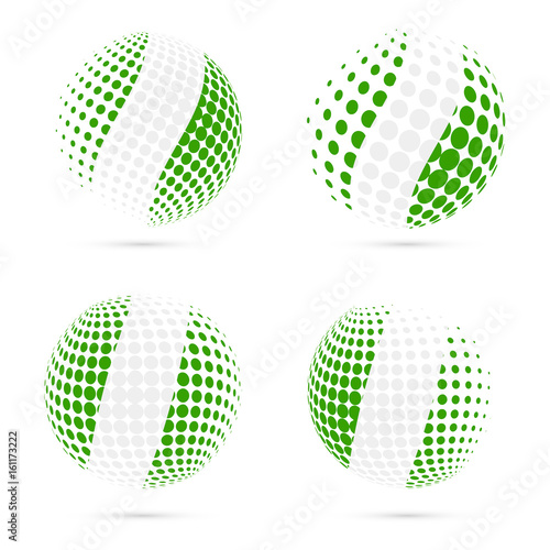 Nigeria halftone flag set patriotic vector design. 3D halftone sphere in Nigeria national flag colors isolated on white background.