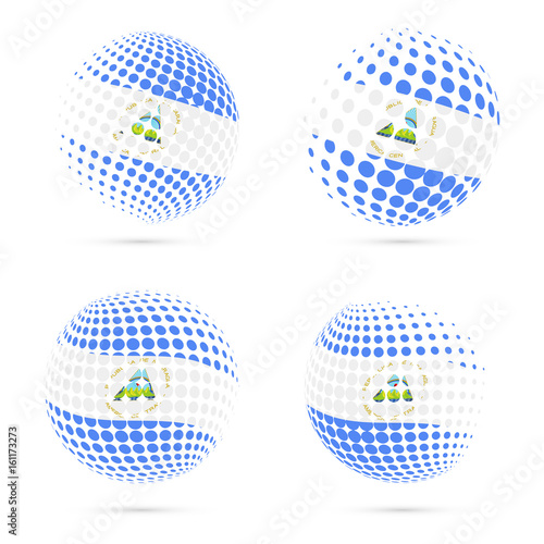 Nicaragua halftone flag set patriotic vector design. 3D halftone sphere in Nicaragua national flag colors isolated on white background.