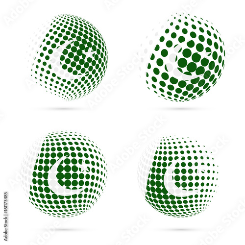 Pakistan halftone flag set patriotic vector design. 3D halftone sphere in Pakistan national flag colors isolated on white background.