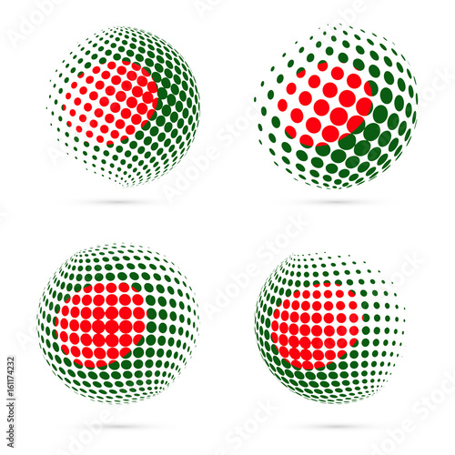 Bangladesh halftone flag set patriotic vector design. 3D halftone sphere in Bangladesh national flag colors isolated on white background.