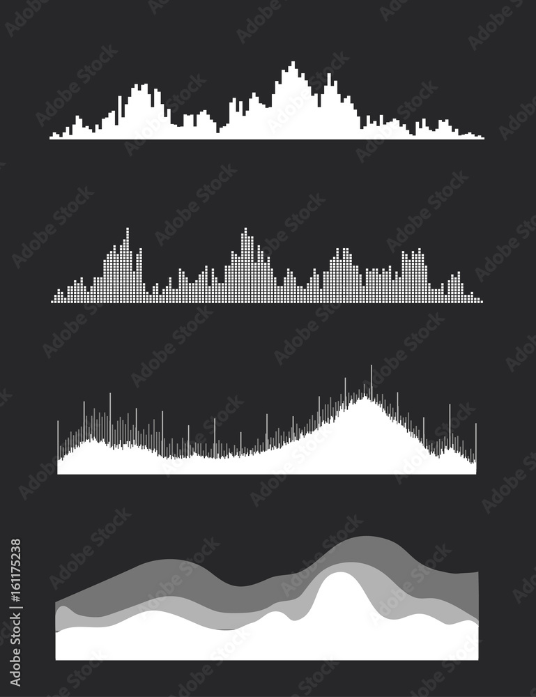 Vector music sound waves set. Audio digital equalizer technology, console panel, pulse musical. Vector music sound waves set. Audio digital equalizer technology, console panel, pulse musical.
