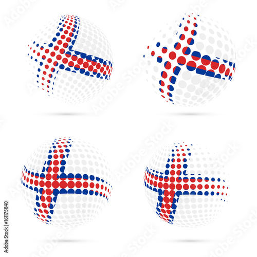 Faroes halftone flag set patriotic vector design. 3D halftone sphere in Faroes national flag colors isolated on white background.