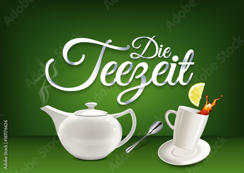 Tea time in german language  paper hand lettering calligraphy.