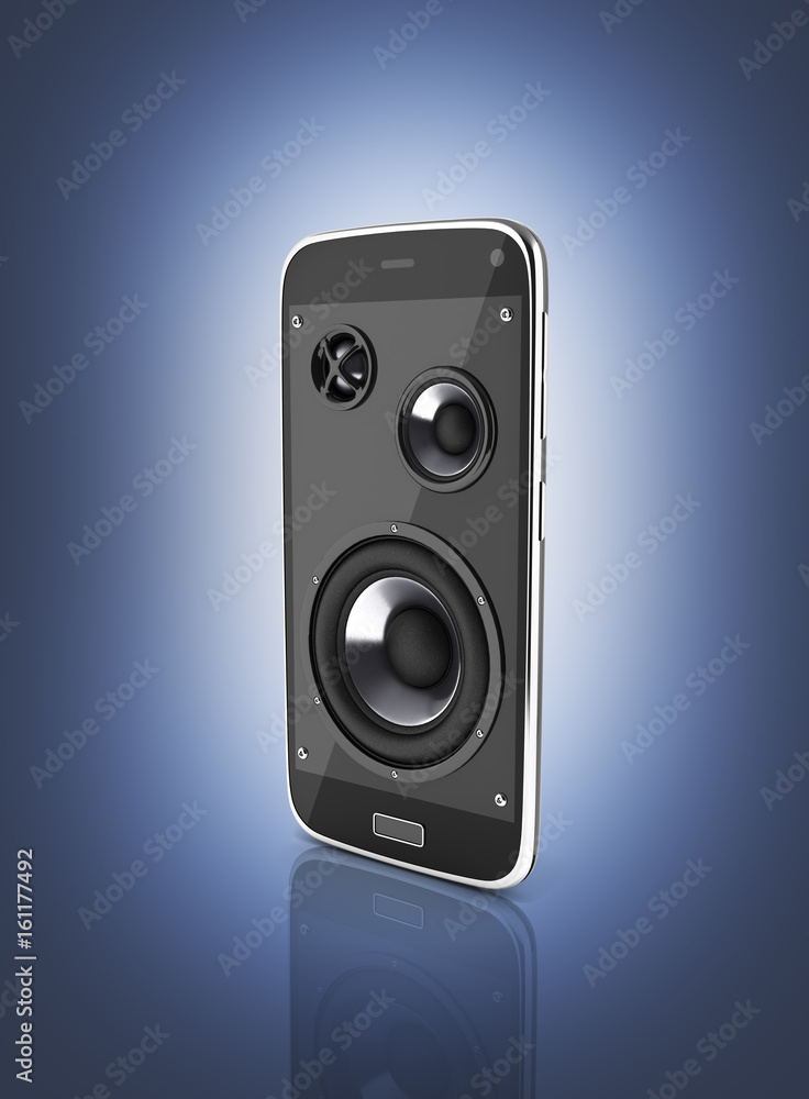 Musical smartphone Mobile phone music app Cellphone and loudspeakers on dark blue gradient background 3d Musical smartphone Mobile phone music app Cellphone and loudspeakers on dark blue gradient background 3d