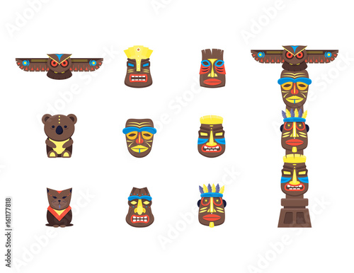 Cartoon Traditional Religious Totem Color Icons Set. Vector