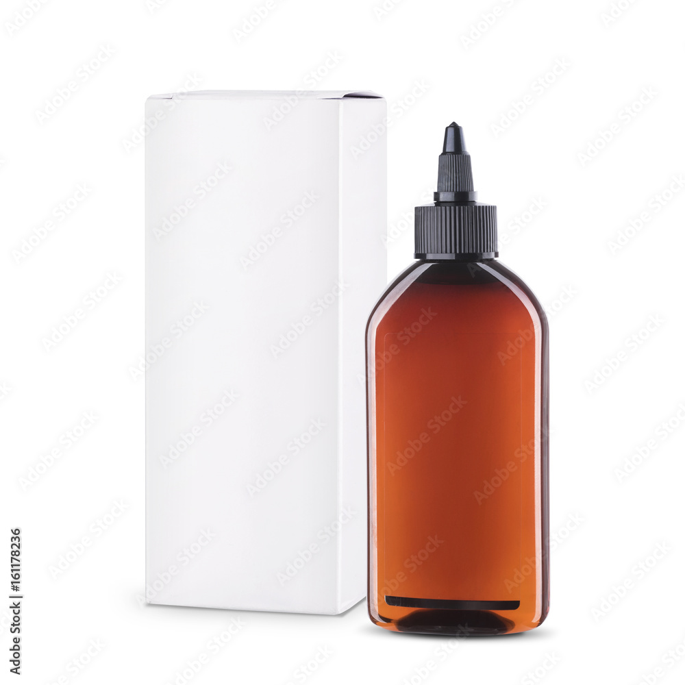 .Cosmetic bottle of brown color with place for text and a white box on a white background. Procurement for designer
