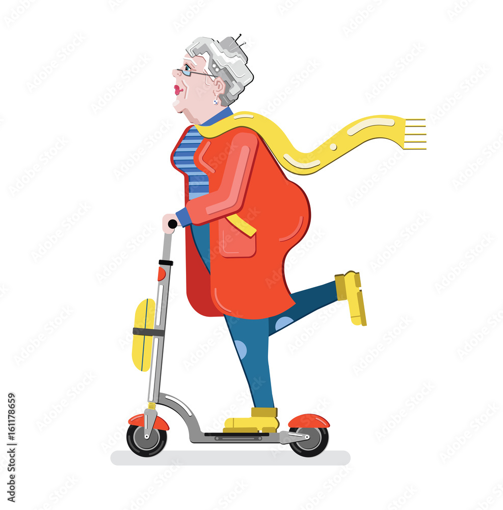 Old woman on the scooter. Grandmother silhouette. Old progressive woman.  Flat style modern vector illustration isolated on white background. Senior  having fun. Old woman enjoying her hobbies. Stock Vector | Adobe Stock