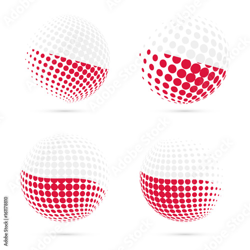 Poland halftone flag set patriotic vector design. 3D halftone sphere in Poland national flag colors isolated on white background.